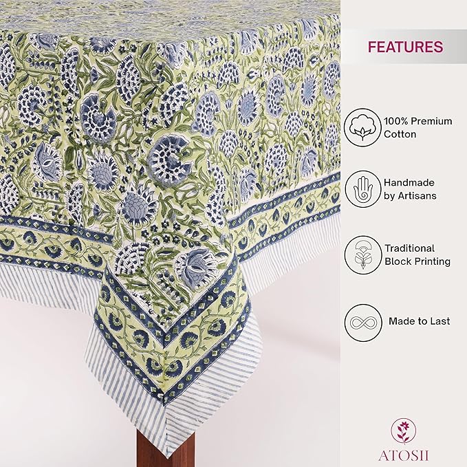 ATOSII Amara 100% Cotton Fall Tablecloth, Handblock Floral Print Rectangle Linen for Kitchen Dining I Parties Wedding Christmas Outdoors Easter I Spring Summer 72 X 140 Inches I 12 Seater