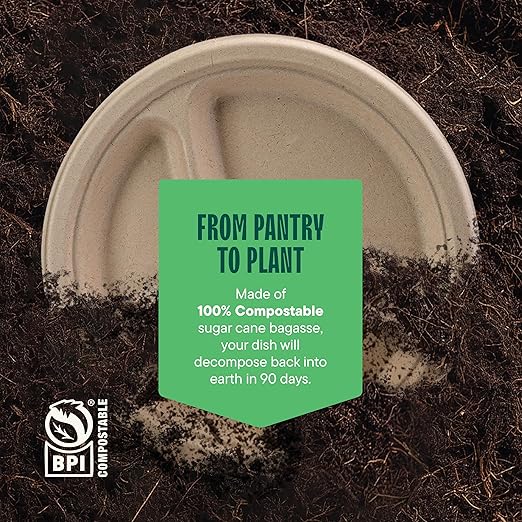 100% Compostable Paper Plates 10 Inch Bulk [500 Count] Heavy-Duty Dinner Plates with Compartments - Natural Brown Color Bagasse - Eco-Friendly Disposable Biodegradable Sugarcane - [Case 4/125 Pack]