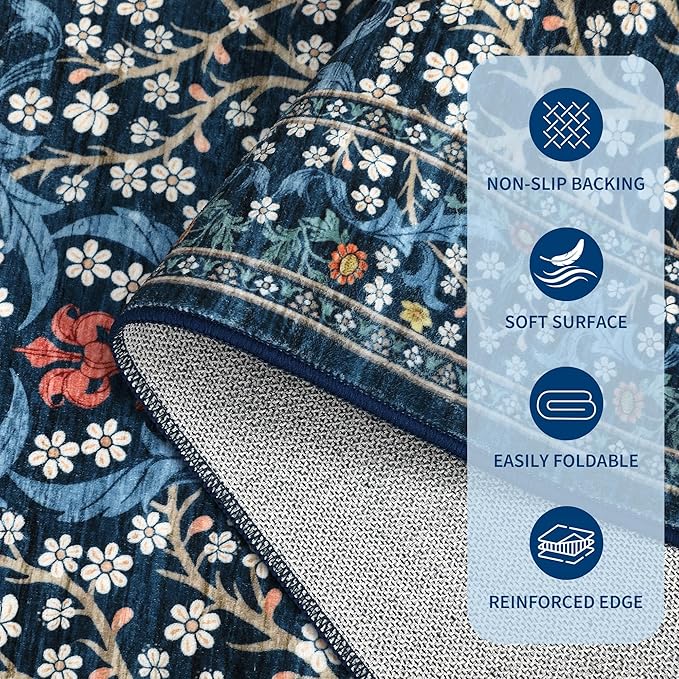 GarveeHome Floral 3x5 Area Rugs for Entryway, Washable Kitchen Rug Non Slip, Low Pile Bedroom Rug, Ultra Soft Stain Resistant Small Carpet for Laundry Room, Dark Blue