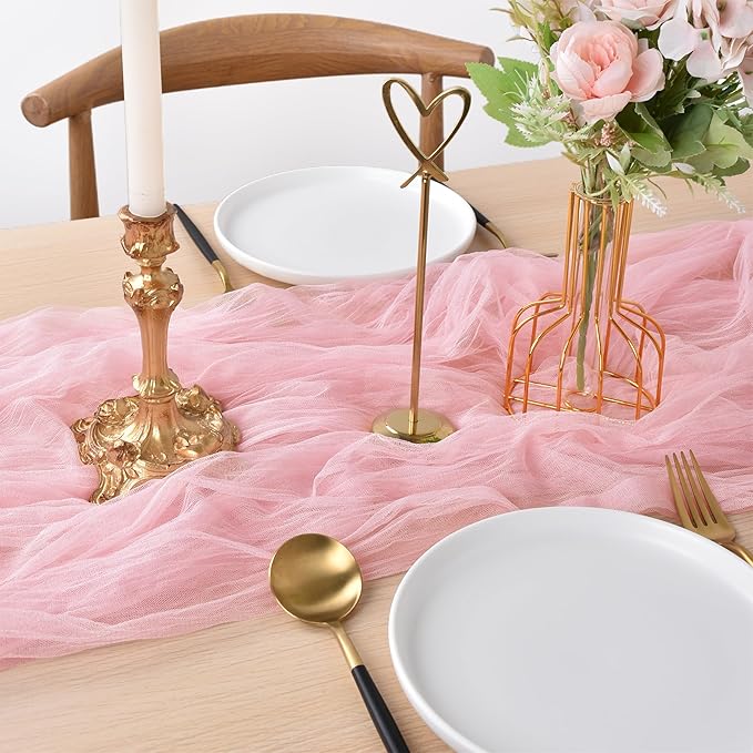 Joanlody Blushing Pink Cheesecloth Table Runner Spring Easter 10Ft Rustic Gauze Boho Cheese Cloth Table Runner for Wedding Bridal Baby Shower Decoration 10 Pack