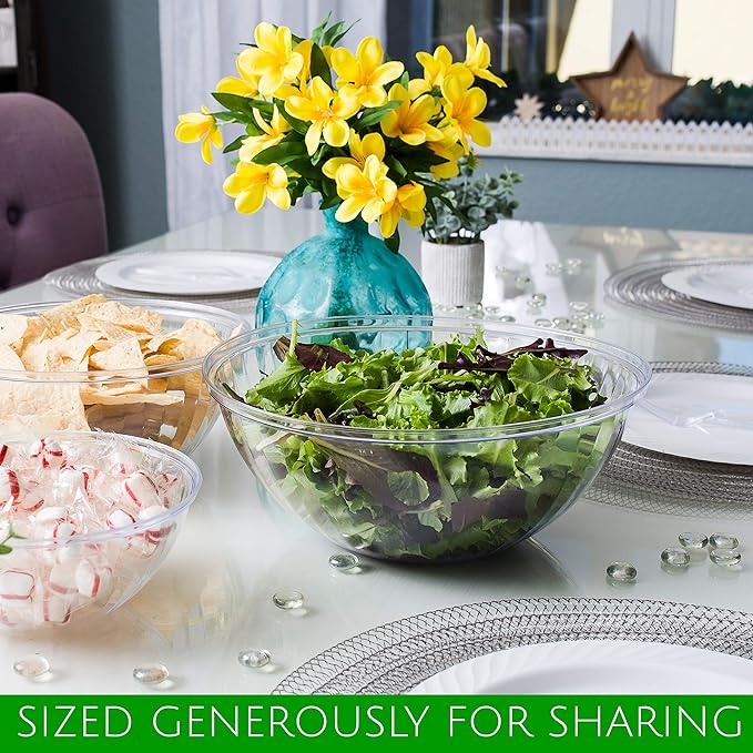PLASTICPRO Disposable 150 Ounce Round Crystal Clear Plastic Snack & Salad Bowls - Chip Bowl, Candy Dish alternatives, Pack of 4