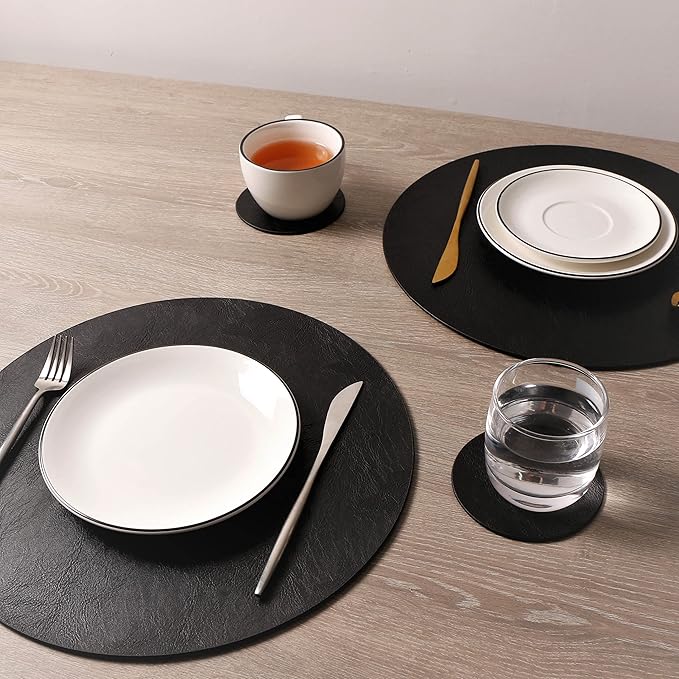 Set of 6 Embossed PU Leather Placemats, Waterproof Coffee Coasters, Kitchen Table Mats, Easy to Wipe Off for Dining Round Table