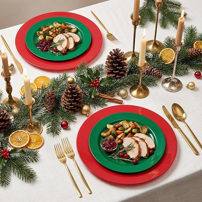 Rubtlamp 60 Pcs Plastic Christmas Plates, Heavy Duty Plastic Plates, Red Green Disposable Plate, 30 Red Dinner Plate And 30 Green Dessert Platos for Chrismas Party, Gatherings, Celebrations