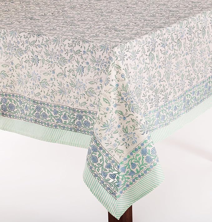 ATOSII Aster Blue 100% Cotton Rectangle Boho Fall Tablecloth, Handblock Floral Table Cloth Linen for Kitchen Dining I Parties Wedding Outdoors Christmas Thanksgiving I Fall Home Decor 60 X 108 Inches