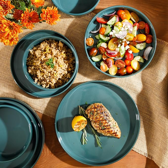 Bloomhouse - Two Time Oprah's Favorite Things Winner - Santorini Mist Double Bowl Terracotta Reactive Glaze Plates and Bowls Dinnerware Set - Jade Blue Green, Service for Four (16pcs)