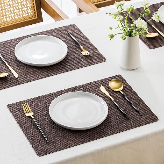 Jovono Faux Leather Placemats Set of 6, Waterproof Washable Table Mats, Easy-Clean Heat Resistant Kitchen Vinyl Place Mat for Dining Table, Restaurant, Indoor, 17.8"x11.8", Coffee