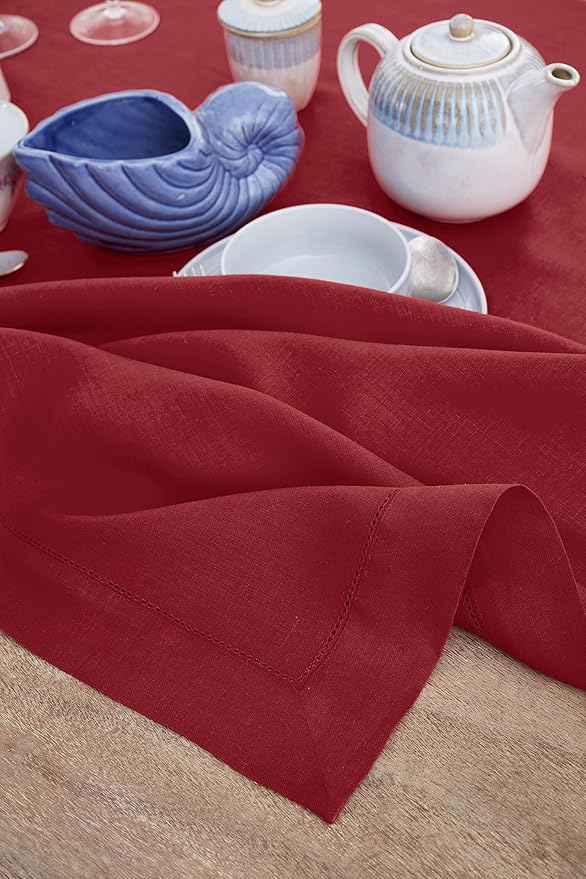 Solino Home Red Linen Tablecloth 60 x 144 Inch - 100% Pure Linen Hemstitch Table Cloth for Rectangle Tables - Classic Hemstitch, Machine Washable Tablecloth for Valentines, Winter