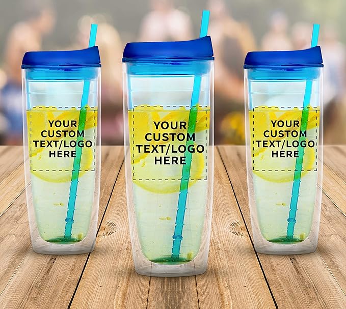 Custom Tall Orbit Acrylic Tumblers 20 oz. Set of 100, Personalized Bulk Pack - Perfect for Iced Coffee, Soda, Other Hot & Cold Beverages - Blue