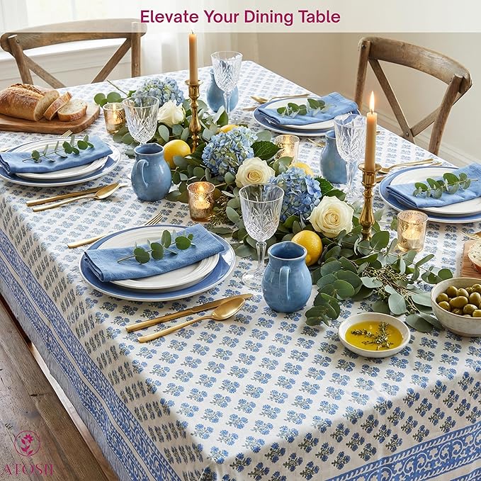 ATOSII Gulbahar Blue 100% Cotton Fall Rectangle Tablecloth, Hand Block Print Washable Table Cover, Christmas Parties Buffet Dining, Weddings, Thanksgiving Easter Home Decor, 60 X 90 Inches 6 Seater
