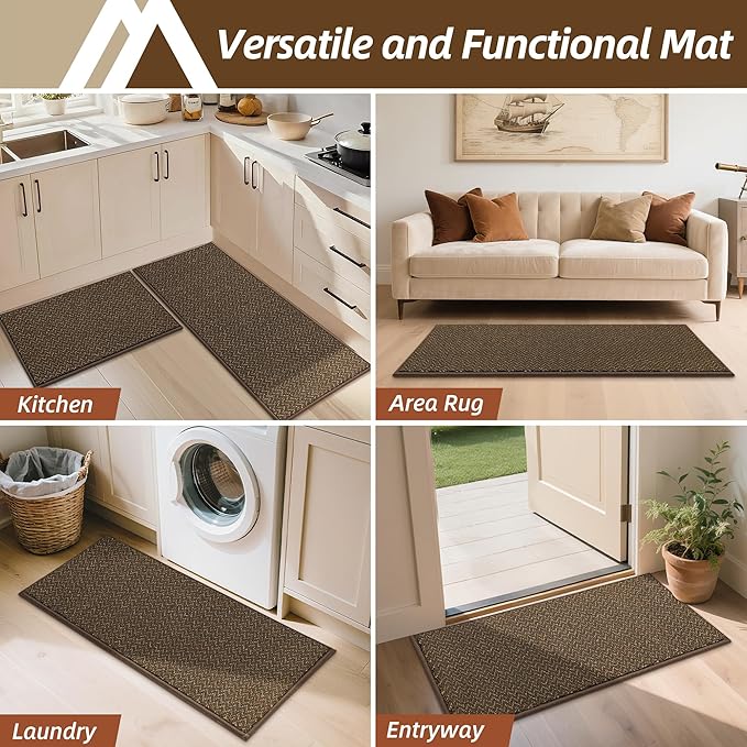 COSY HOMEER Kitchen Rugs and Mats 2PCS Non Slip Kitchen Mats for Floor Washable Stain Resistant Kitchen Runner Rug Sets Absorbent Kitchen Floor Mat 20"x32"+20"x48",Brown