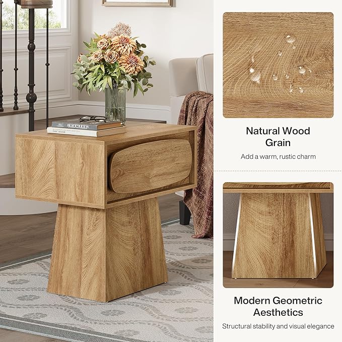 Tribesigns Side End Table Set of 2 with Storage Drawer for Living Room, Bedroom and Indoor Use, Modern Mid-Century Farmhouse Bed Side Table with Curved Handle, 2 Night Stand Easy Assembly Natural