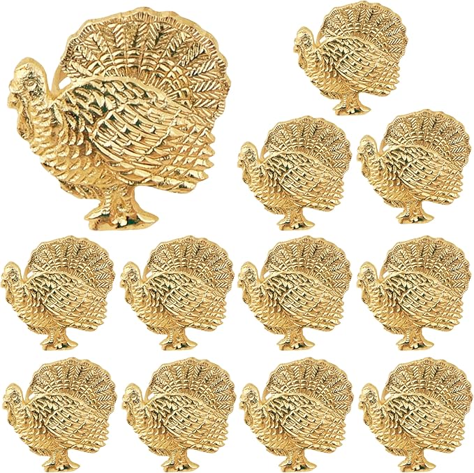 Napkin Rings Set of 12, Metal Napkin Holder Cuffs for Dinner Table Décor, Thanksgiving Turkey Bird Farmhouse Modern Serviette Rings for Christmas, Weddings, Receptions, Gold - CLEENTABLE