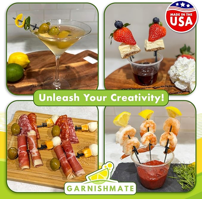 Garnishmate PACK OF 60 Clip On Garnish Holder Pick Cocktail Accessory for Entertaining Drinks and Charcuterie Boards for Home Bar Cart or Bartender Kit for Cocktails Accessories w/Rounded Tip, Black