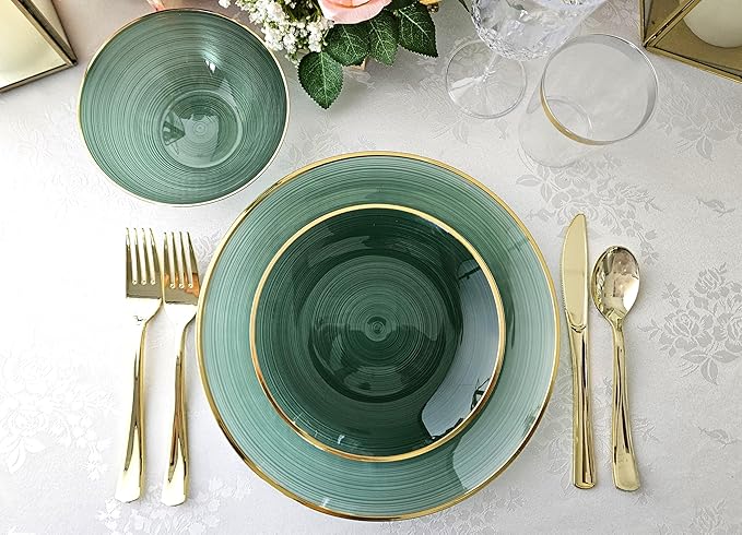" OCCASIONS " 240 Plates Pack,(120 Guests) Premium Wedding Party Disposable Plastic Plates Set -120 x 10'' Dinner + 120 x 7'' Salad/Dessert (Belize in Green & Gold)