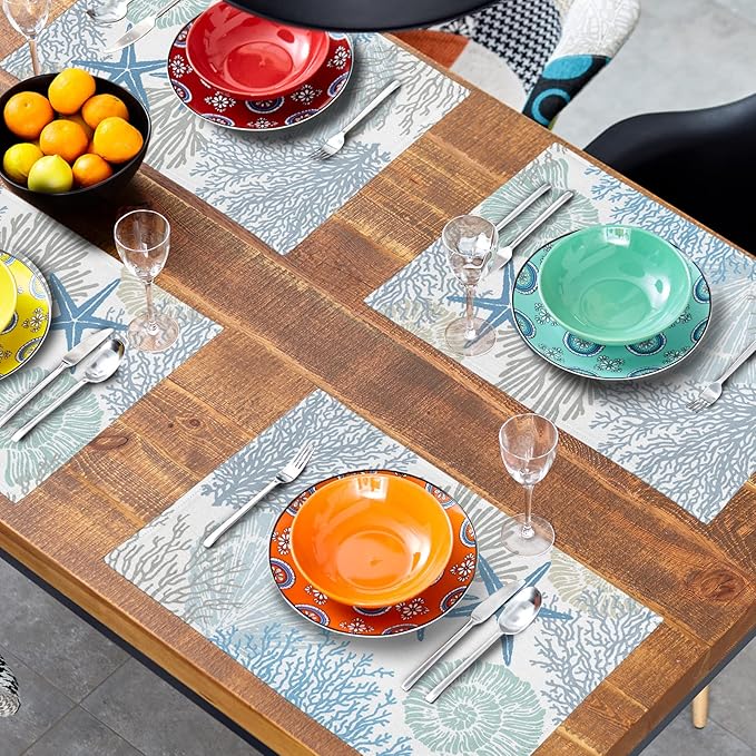 aportt Nautical Placemats Set of 4 Starfish Beach Theme Ocean Seashell Washable Non-Slip Heat Resistant 12×18 Inch Coastal Summer Thick Place Mats Decorative Linen Fabric Table Mat for Dining (FF)