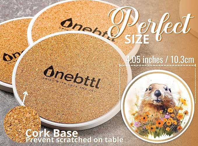 Onebttl Groundhog Gifts Coaster, Home Decor for Women, Moving, Housewarming, Set of 6, Ceramic, Absorbent with Cork Base