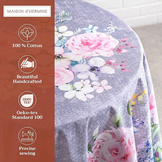 Maison d' Hermine Table Cloth Round Table 100% Cotton 63 Round Inches Tablecloth Reusable Decorative for Dining Room Farmhouse Home Valentines Day Decorations Spring Summer- Sweet Rose Lavender - Lush