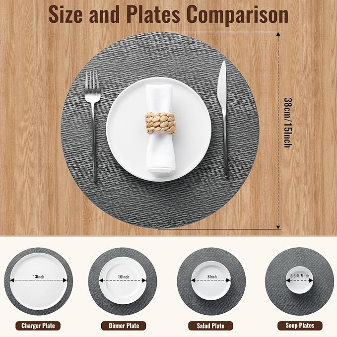 Jovono 15" Faux Leather Big Round Placemats Set of 6 - Washable Heat Resistant Non-Slip Dining Table Mats with Fabric Texture for Kitchen Home Party Decor, Gray