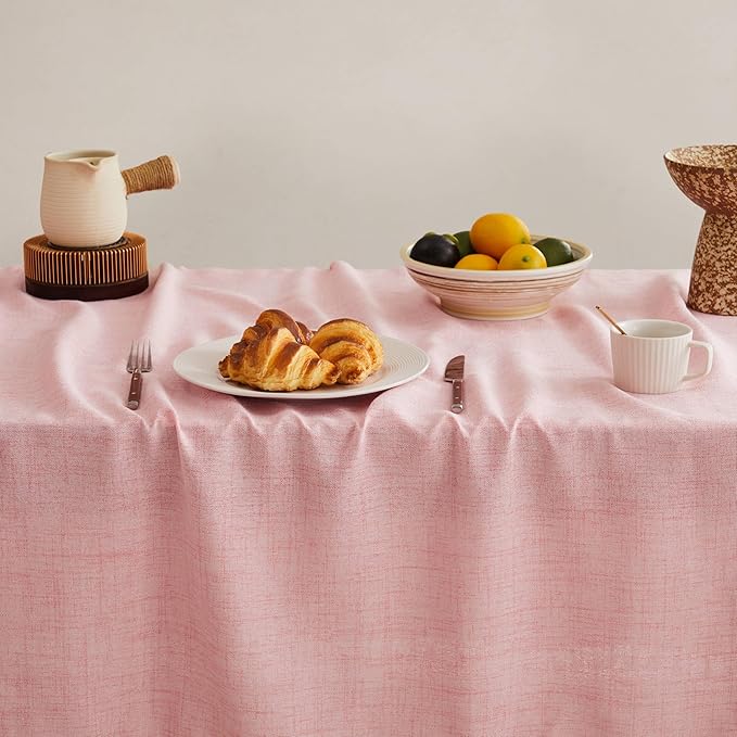 Linen Tablecloth with Tassels, Farmhouse Style Pink Tablecloth, Water Resistant Burlap Tablecloths for Rectangle Table, 52x70 Inch Pink