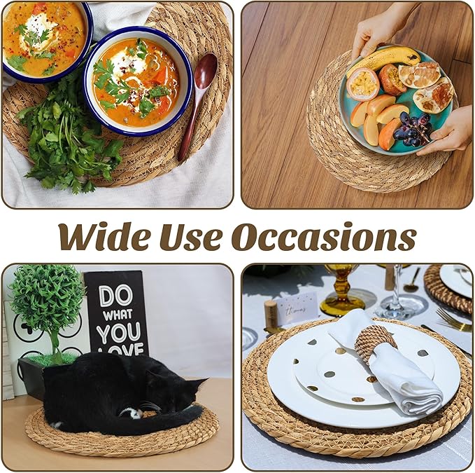 Kochorie Set of 6 Round Woven Placemats - 12 Inch Natural Boho Rattan Wicker Table Mats for Home Dining Table