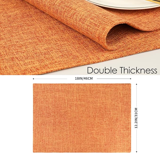 Cloth Placemats Set of 8, Linen Type Fabric Fall Placemats Table Mat, Machine Washable Rustic Place Mats Heat Resistant Placemats Wrinkle Free Thick Kitchen Place Mats for Dining Table, Orange 12"x18"