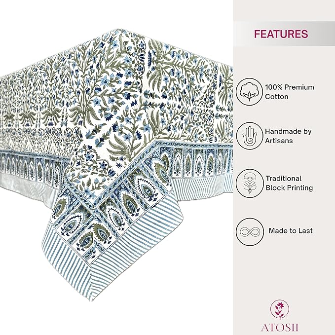 ATOSII Nargis Blue 100% Cotton Rectangle Summer Tablecloth, Indian Block Print Floral Table Cloth I Dining Parties Weddings Outdoors Holidays 60 X 60 Inches 4 Seater I Grandmillennial Farmhouse Boho