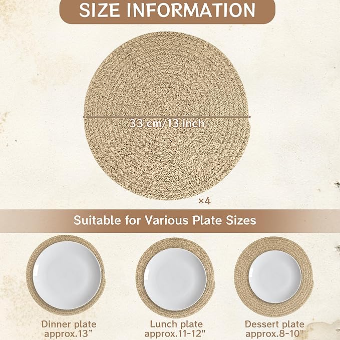 Kochorie Set of 4 Round Woven Cotton Placemats, 13 Inch Boho Table Mats for Kitchen and Dining Table, Farmhouse Heat Resistant Washable Trivets, Fall Thanksgiving Christmas Décor (Brown)