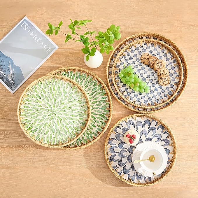 Round Rattan Tray with Mother of Pearl Inlay, Rattan Serving Tray with Wooden Base, Decorative Wicker Basket for Table Decor, Storage and Display of Coffee Bread Food Fruit (Plume 13.5")