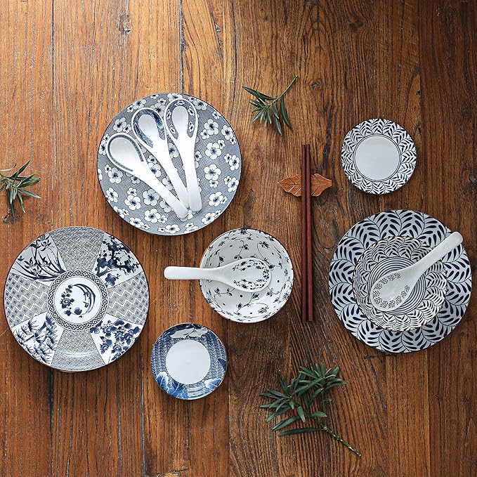 Gegong Blue and White Porcelain Dinnerware Set, Dishes, Bowl, Spoon, Chopsticks, Service for 1, Colorful Glazed Ceramic Set, Gift Box Packaging (Willow Leaves)