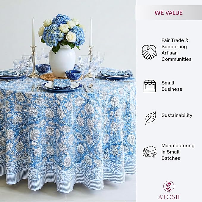 ATOSII Azora Blue 100% Cotton Round Tablecloth, Handblock Print Floral Table Cloth for Kitchen Dining Linen I Parties, Weddings, Outdoors I 72" Inches Round