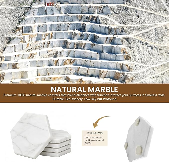 Natural Marble Coasters, Hexagonal Costers, Luxury Aesthetic Modern Decor for Coffee Table Bar Kitchen Home, White Marble, Real Natural Semi Absorbent Stone Coasters