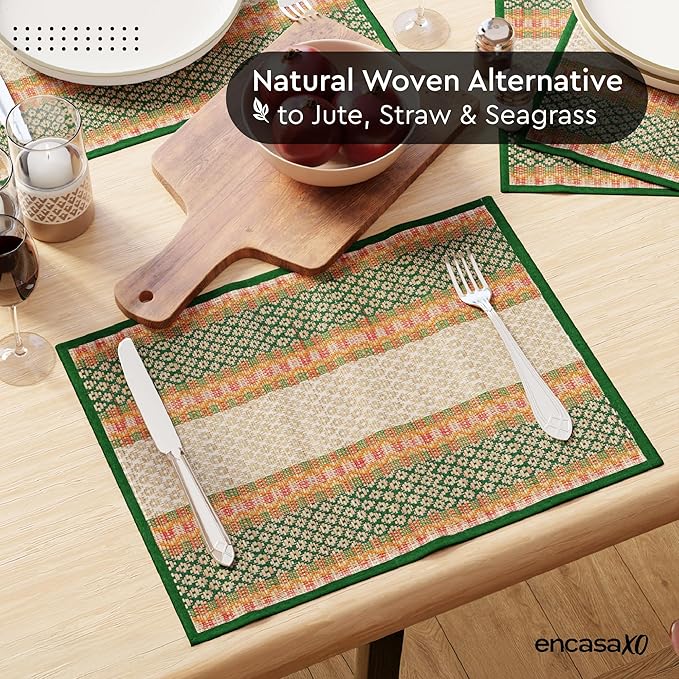 Encasa XO Woven Green Placemats Set of 4 – 12" x 17" | Handwoven Madurkathi Grass Table mats for Dining Table, Kitchen & Outdoor Decor | Durable & Heat‑Resistant