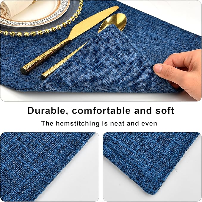 SLKQG Navy Linen Fabric Placemats Set of 6, Heat Resistant & Machine Washable Double-Layered Cloth Placemats for Dining Table, Indoor/Outdoor Use, Non-Slip Kitchen Table Mats (6, Navy)
