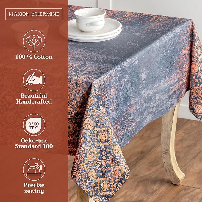 Maison d' Hermine Table Cloth Rectangle Table 100% Cotton 70 x 90 Inches Fall Tablecloth Reusable Everyday Use for Thanksgiving Christmas Decorations Dining Farmhouse Party (Imperfection)
