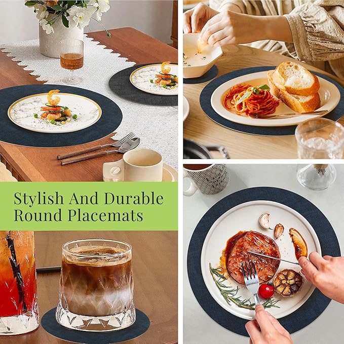13-Inch Faux Leather Round Placemats Set of 12, Waterproof Anti-Slip Dual Sided Place mats, Heat Resistant Washable Table Mats with Coaster, Suitable for Indoor & Outdoor (12, Black Navy Blue)