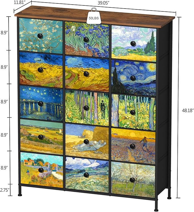 EXOTICA Large Chest of Drawers 15 Drawer Dresser Van Gogh Tall Fabric Dresser for Bedroom Living Room Entryway Closet with Sturdy Metal Frame and Wooden Top