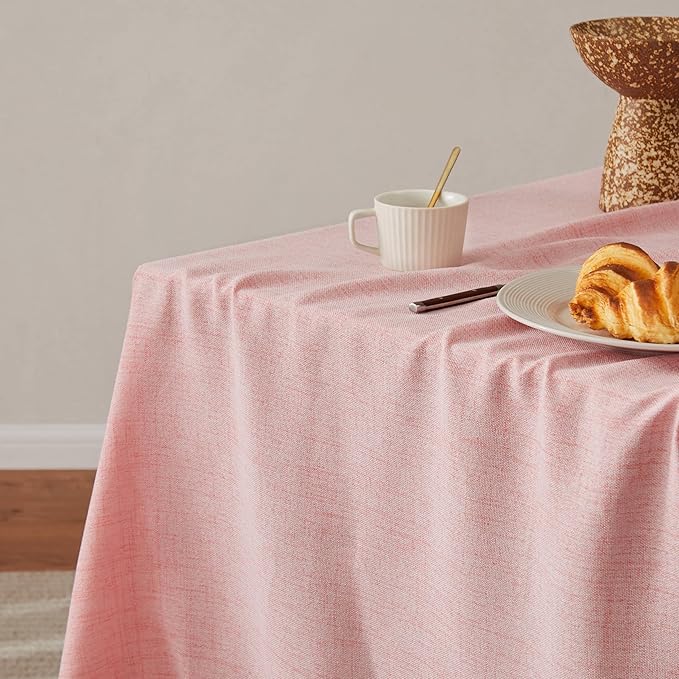Linen Tablecloth for Rectangle Table, 60x84 Inch Pink, Farmhouse Style Pink Tablecloth, Water Resistant Burlap Tablecloths for Dining Table Farmhouse Kitchen