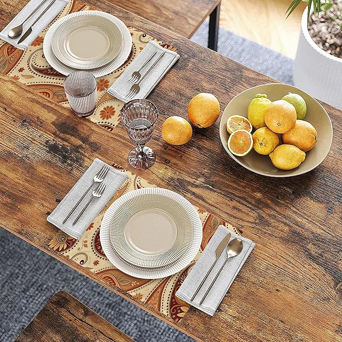 Placemats, Indian Vintage Paisley Pattern Brown Placemats 12x18 Inch Waterproof Non-Slip Washable Table Mats for Kitchen Dining Party Table Decor,Set of 6