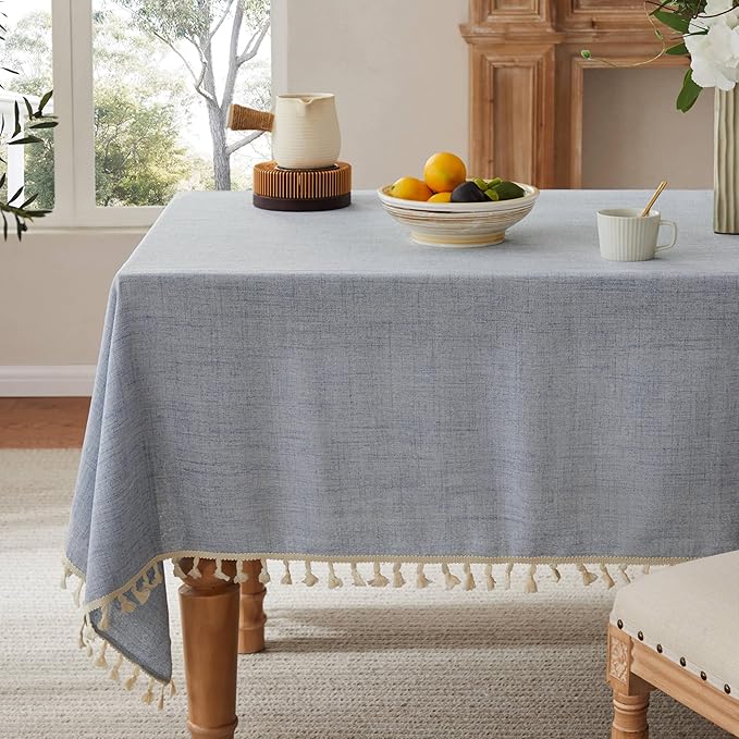 Linen Tablecloth with Tassels, Farmhouse Style Blue Tablecloth, Water Resistant Burlap Tablecloths for Square Table, 60x60 Inch Blue