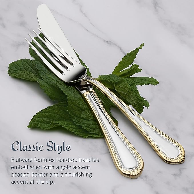 Mikasa, Gold Accent Regent Bead Flatware Service for 12, 65 Piece Set, 18/10 Stainless Steel, Silverware Set with Serving Utensils