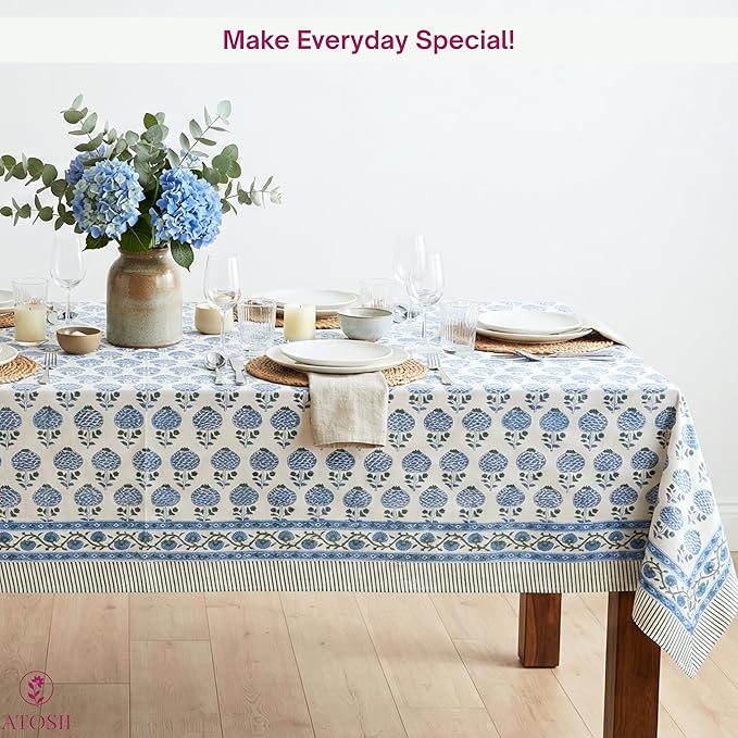 ATOSII Roma Blue 100% Cotton Rectangle Fall Tablecloth, Handblock Floral Print Linen Table Cloth for Kitchen Dining I Parties Outdoors Weddings Holidays I 72 X 140 Inches I 12 Seater