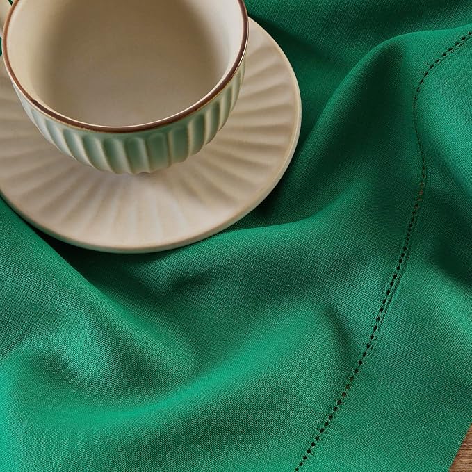Solino Home Linen Emerald Green Tablecloth 52 x 52 Inch - 100% Pure Linen Square Table Throw - Classic Hemstitch, Machine Washable Table Cloth for St Patricks Day