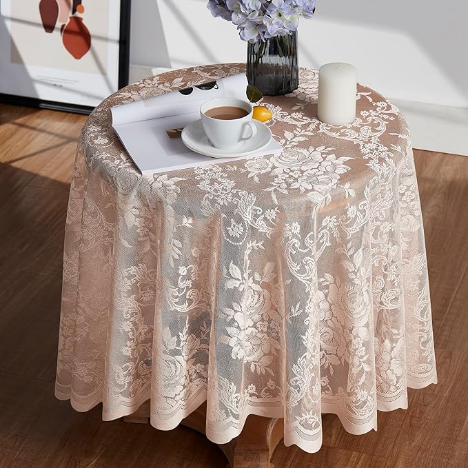 Warm Home Designs 120 Inch Round Tablecloth with English Rose Design. Use as Circle, Rustic, Elegant Lace Table Cloth. Linen Gold Table Cloth for 10-12 Guests. LTC Linen 120