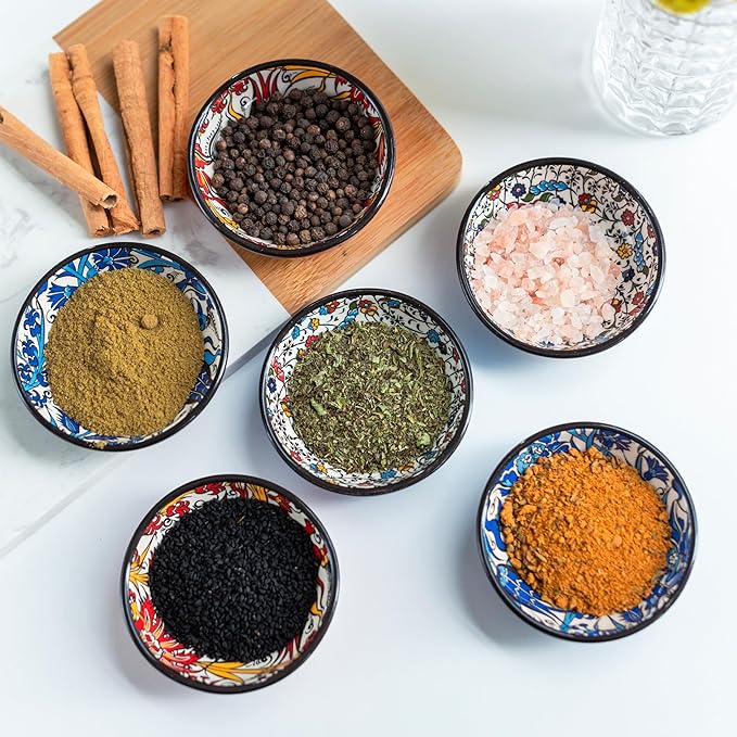 Handmade Ceramic Dipping Bowls – Set of 6, 2.5 Oz Small Sauce Dishes, Colorful Pinch Bowls, Charcuterie Serving Bowls, Microwave & Dishwasher Safe (IZNIK CARNATION)