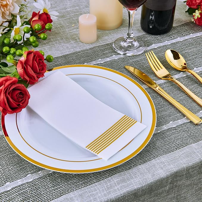 Vplus 100 Piece 10 Inch Gold Plastic Plates Disposable, Heavy Duty White Elegant Durable Dinner Plastic Party Plates with Gold Rim Perfect for Party Christmas