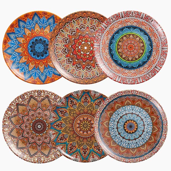 UNK U Melamine Dinner Plates Set of 6, 10.5 Inch Bohemian Plates in 6 Vibrant Colors, Unbreakable Dinner Plates for Kitchen, Weddings, Birthdays, Entertaining, Dishwasher Safe