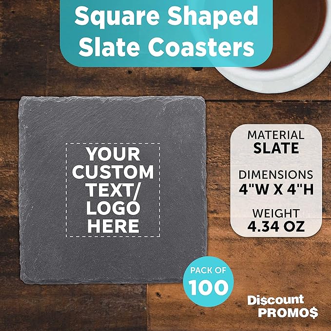 Custom Sohag Square Slate Coasters Set of 100, Personalized Bulk Pack - Table Decor, Kitchen Decor, Wedding Favors - Black