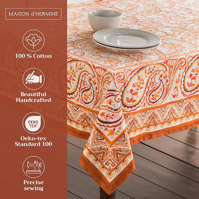 Maison d' Hermine Table Cloth Rectangle Table 100% Cotton 60 x 90 Inches Fall Tablecloth Reusable Everyday Use for Thanksgiving Christmas Decorations Dining Farmhouse Party (Palatial Paisley)