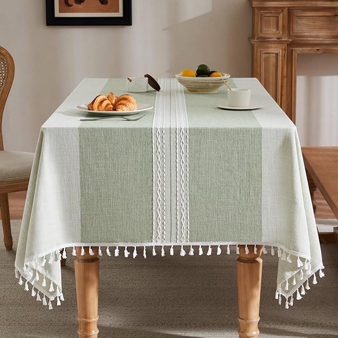 ZeeMart Contrast Linen Table Cloth Rectangle Table Cloths 60x104 Inch Mid-Stripe Green, Farmhouse Style Heavy Weight Sage Green Tablecloth, Water Resistant Burlap Tablecloths