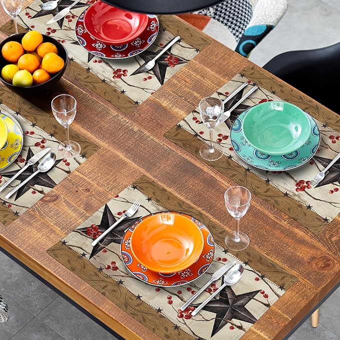 Western Placemats Set of 4 - Rustic Star Tablemats 12x18 Vintage Southwest Place Mats Set for Kitchen Dining Table